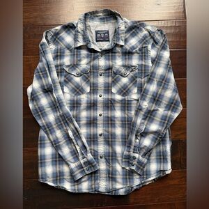 American Eagle Men's Vintage Fit Blue Plaid Long Sleeve Pearl Snap Western Shirt